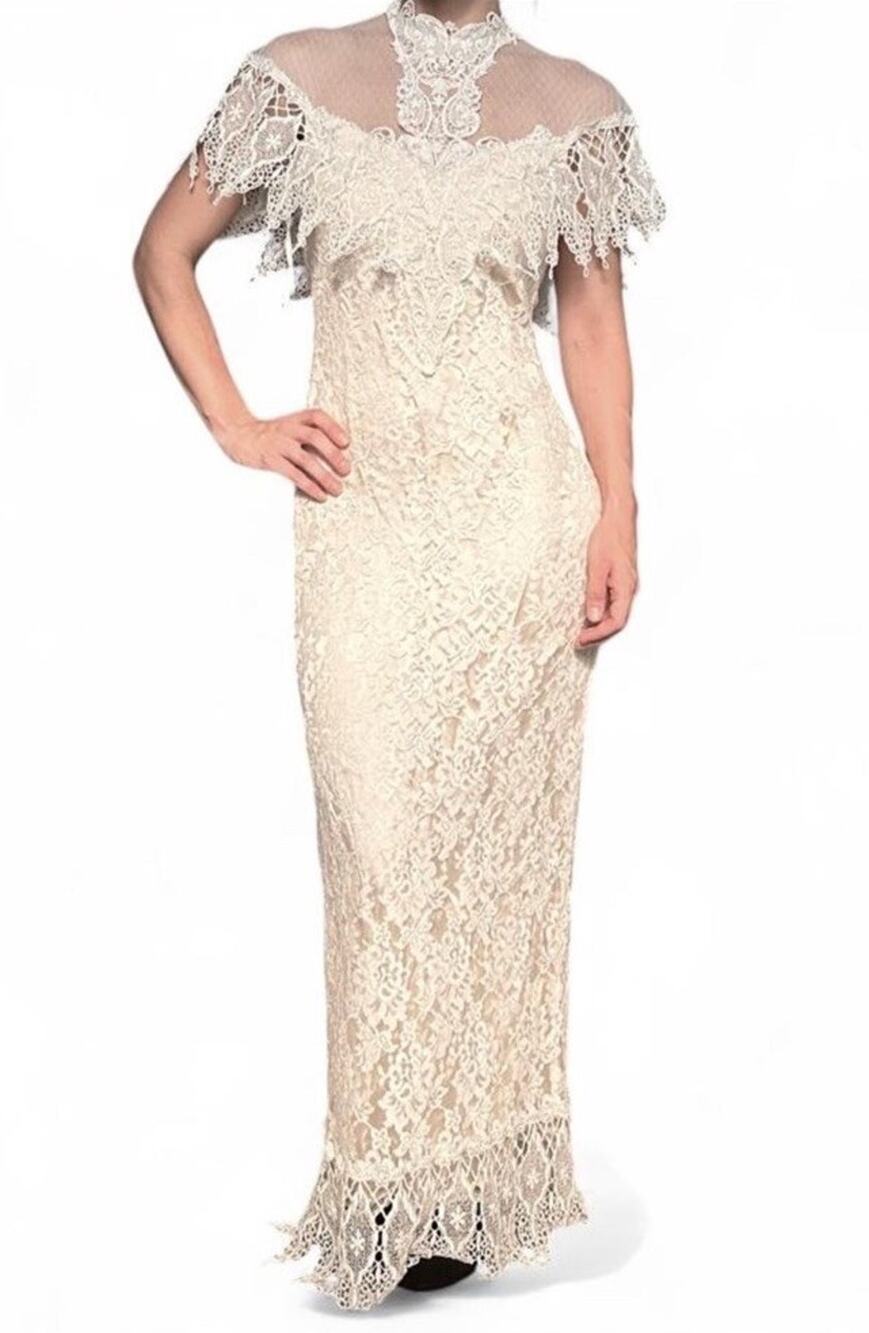 Vintage Loralie 1980s Ivory Floor Length Lace Formal Prairie Dress Medium USA